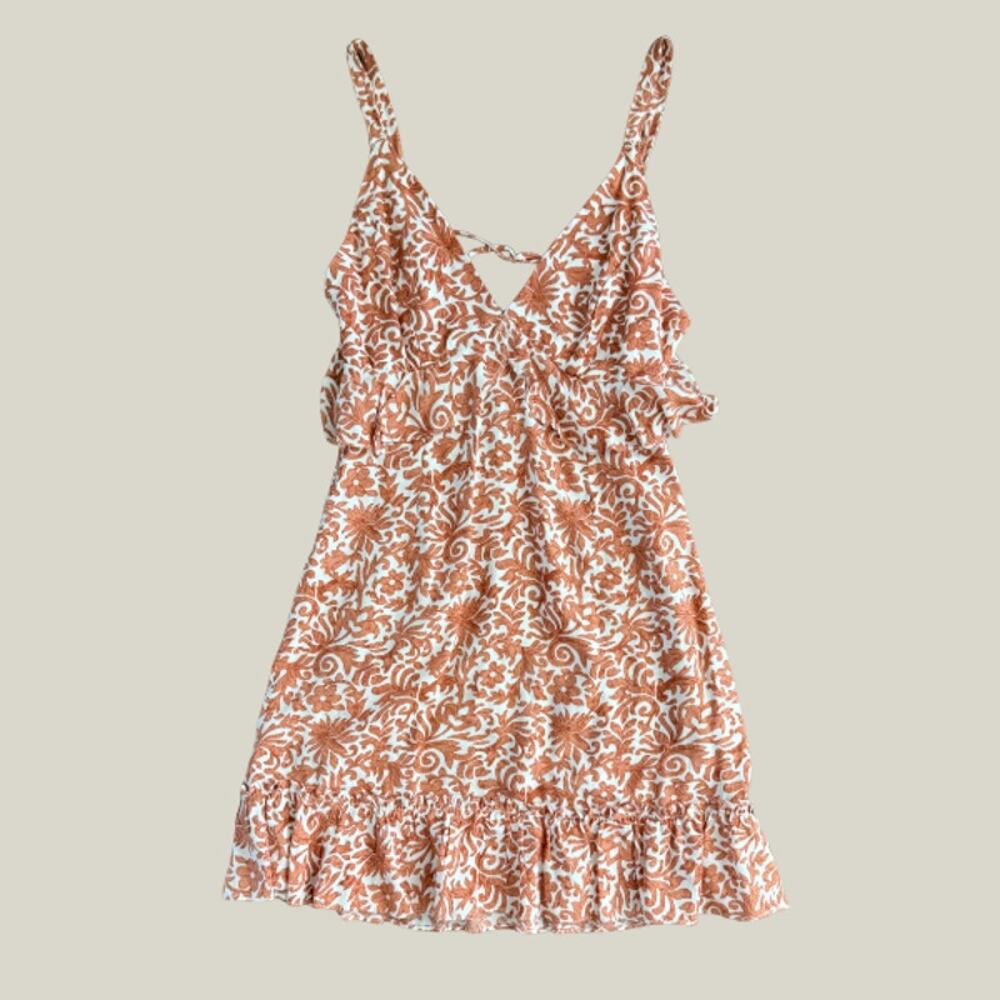 LucyLove Coral Floral Babydoll Mini Dress XS V-Neck Ruffle Boho As Is
